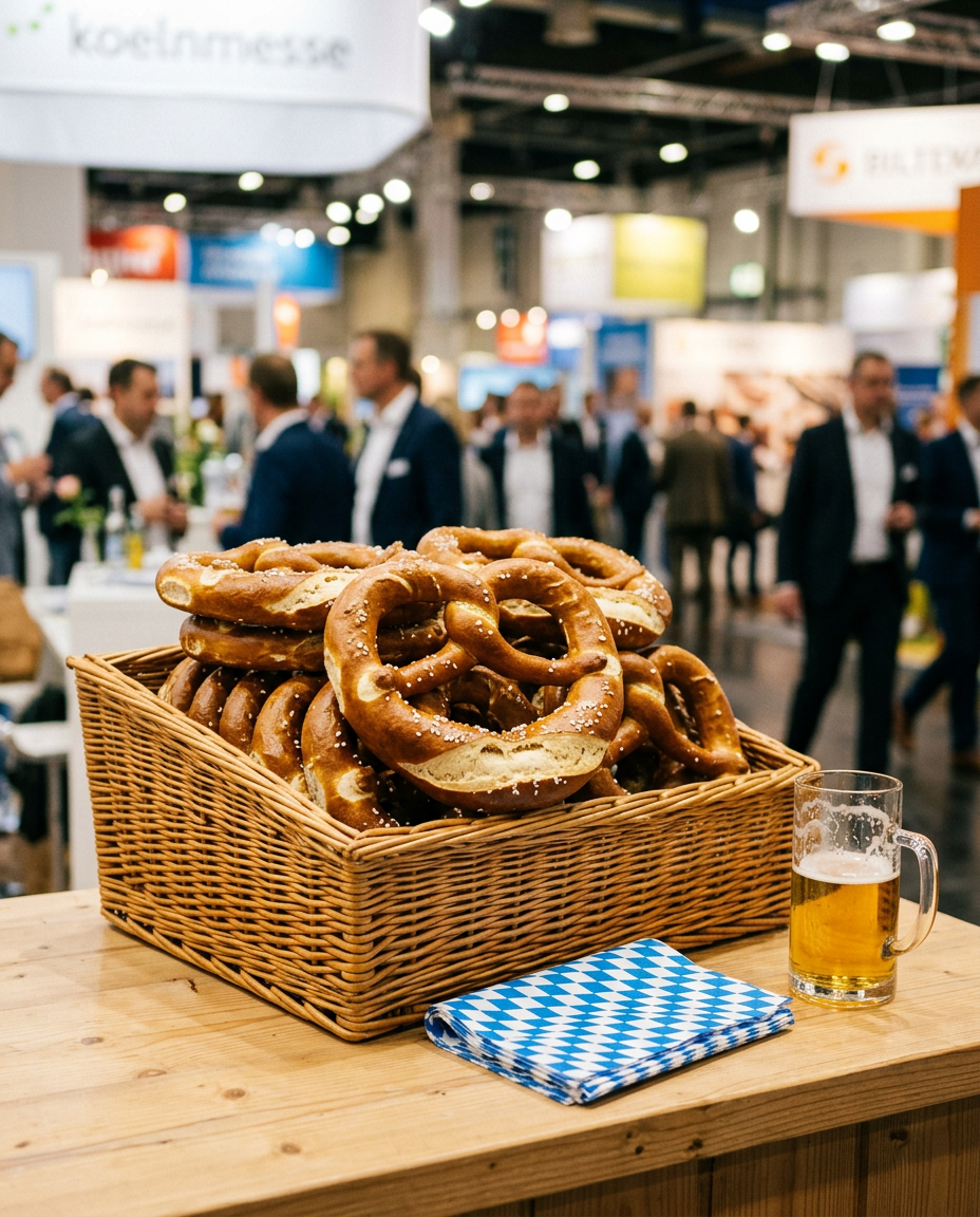 Frische Brezen werden am Messestand gebacken