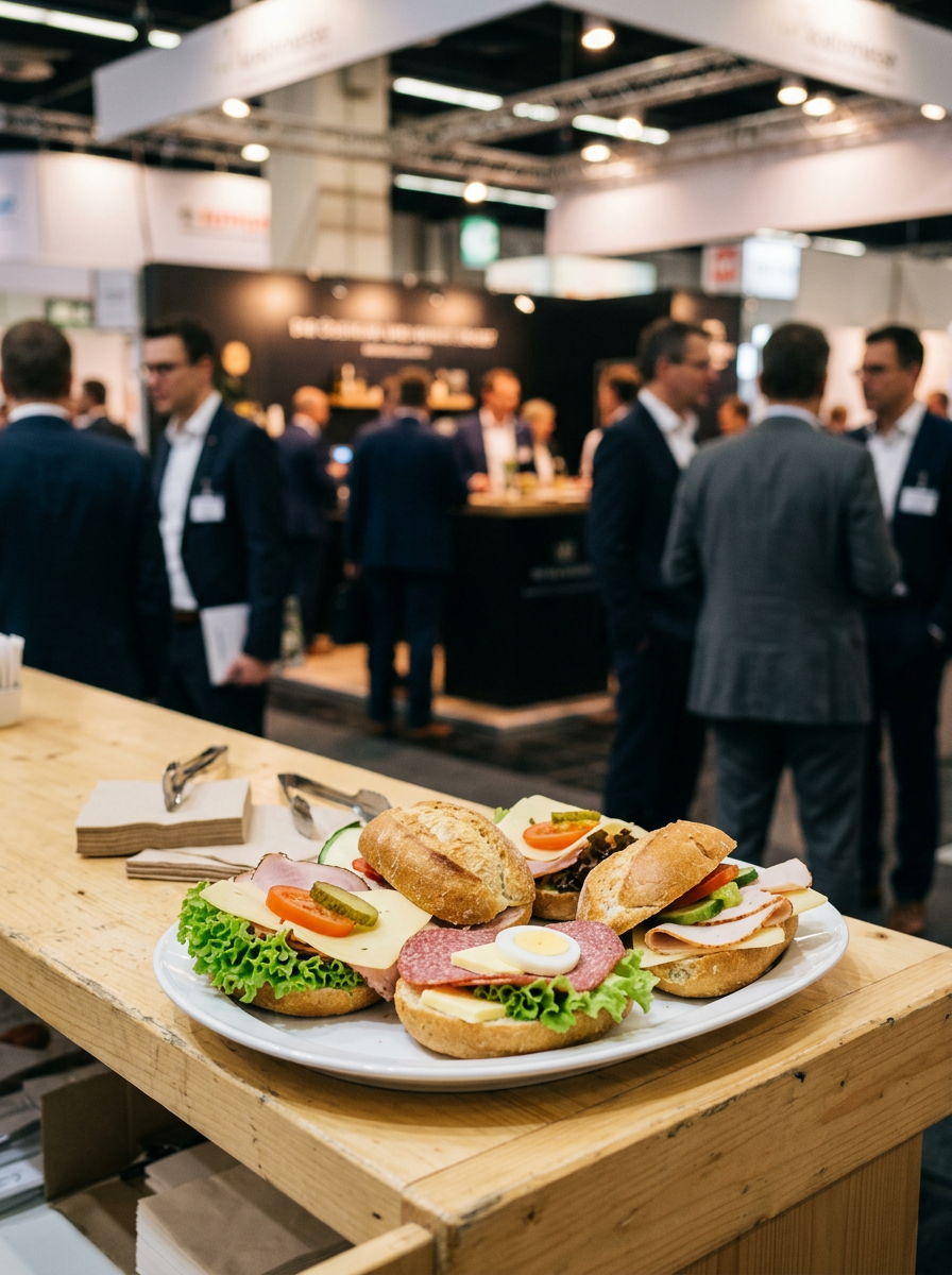 Catering am Messestand mit belegten Brötchen und Kaffee