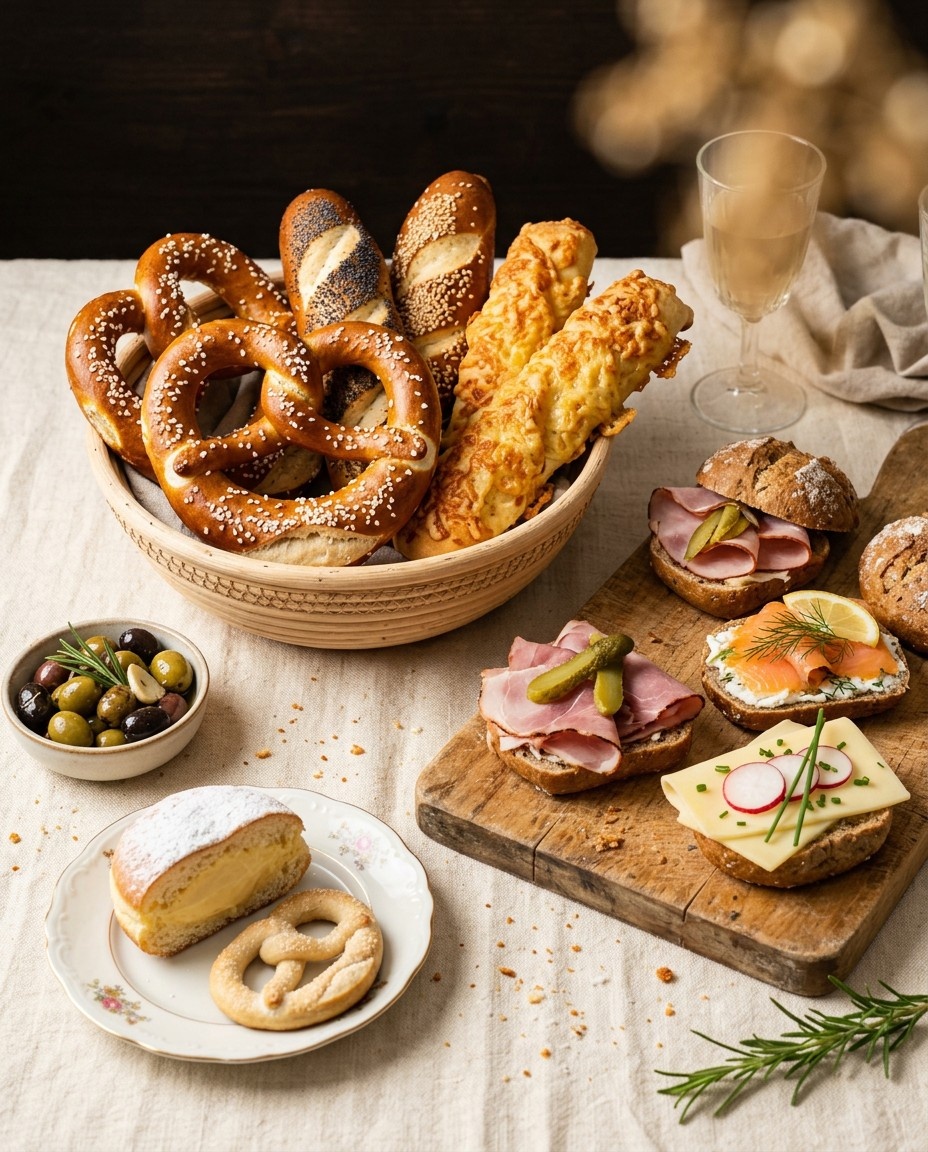 Auswahl an Brezen, belegten Brötchen und Fingerfood von Marra Catering Köln